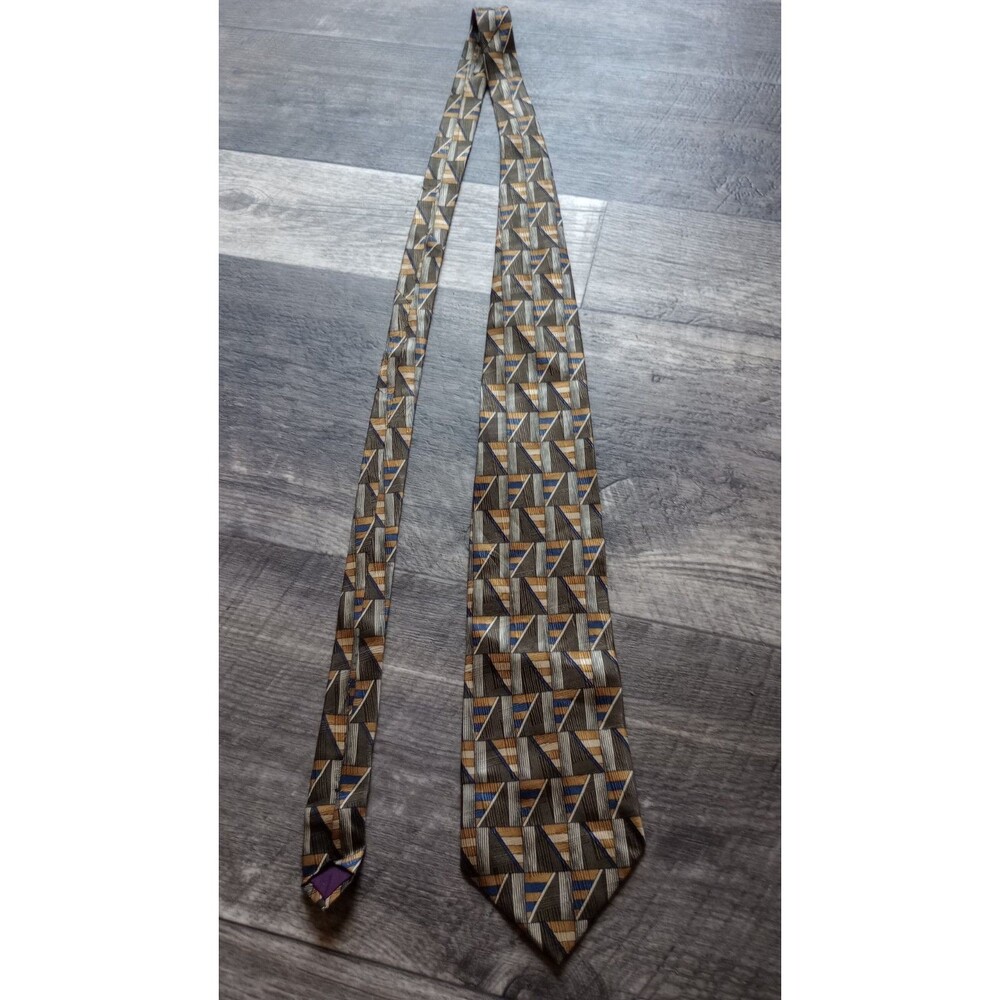 Torriani 100% Italian Silk, Extra Long, Tan, Blue&Gold Geometric Design, Vtg